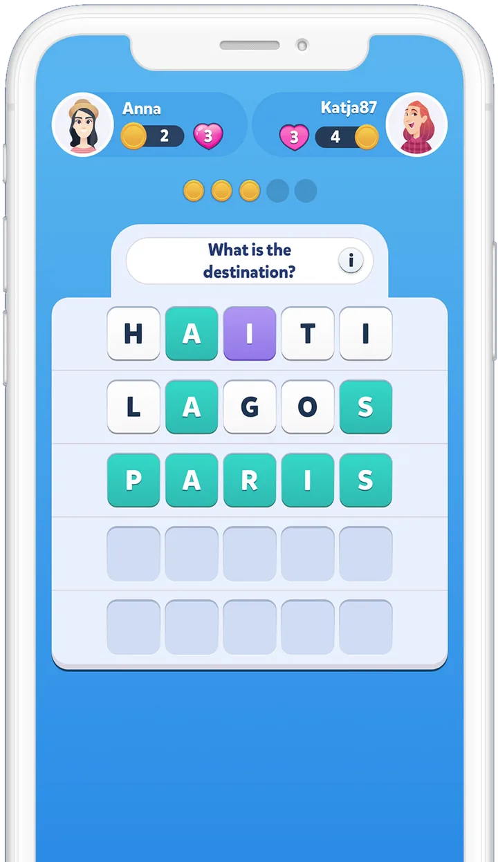 Wordflap on iPhone: a duel round where the word is guessed on the third try
